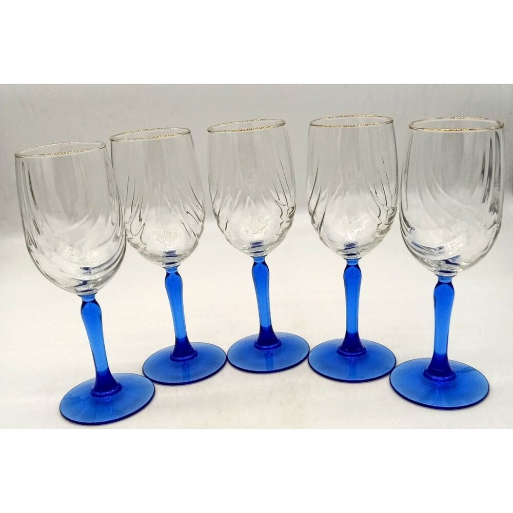 Vtg Lenox 5 Crystal Swag Drape Wine Goblets Cobalt Blue Stem/Base 22K Gold Rim